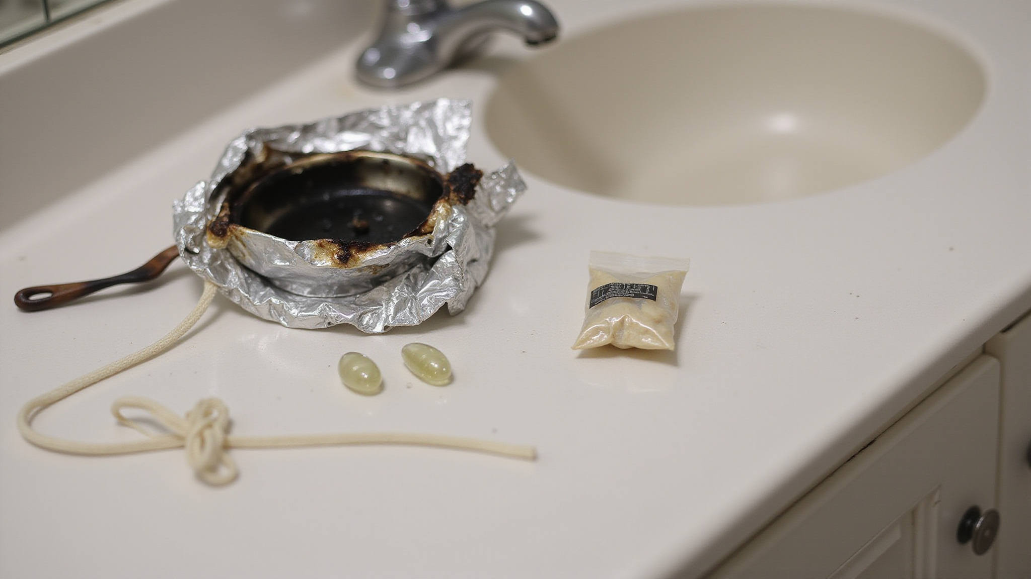 Drug paraphernalia, capsules, and a small bag of powder arranged beside a bathroom sink.